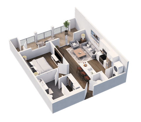 Floor plan for 1 bed, 1 bath, 621 sqft